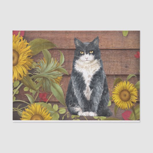Herbstkatze und Sonnenblumen auf Stallholz Fall Seidenpapier (Vorderseite)