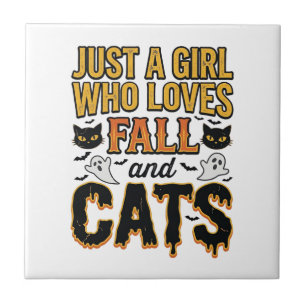 Herbstkatzen Halloween Mädchen Vintage Grafikdesig Fliese