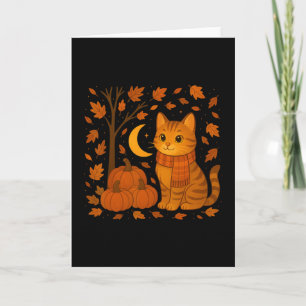 Herbstkatzenillustration mit fallenden Blättern fü Karte
