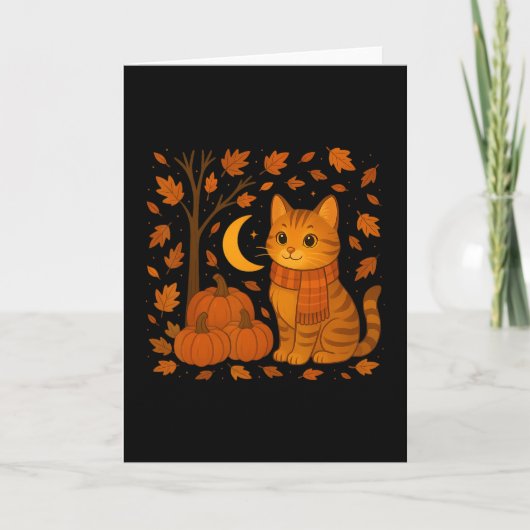 Herbstkatzenillustration mit fallenden Blättern fü Karte (Vorderseite)