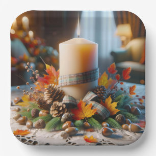 Herbstkerze mit Kernen und Band Pappteller