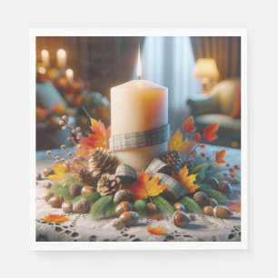 Herbstkerze mit Kernen und Band Serviette