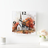 Herbstkirche Quadratische Wanduhr (Zuhause)