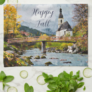 Herbstkirche und Bäume mit anpassbarem Text  Geschirrtuch