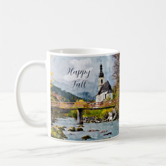 Herbstkirche und Bäume mit anpassbarem Text  Kaffeetasse (Links)