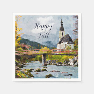 Herbstkirche und Bäume mit anpassbarem Text Serviette