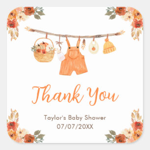 Herbstkleidungslinie Junge Baby Shower Danke Quadratischer Aufkleber