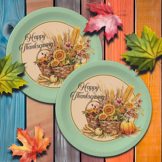 Herbstkorb, Blume, Pumpkins, Mais-Erntedank Pappteller