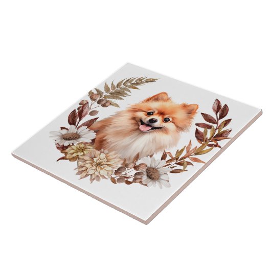 Herbstkranz des Red Spitz Hundes Fliese (Seite)