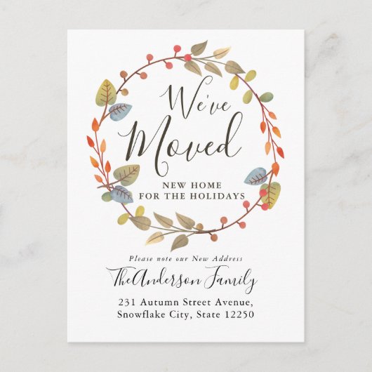 Herbstkranz haben wir neue Zuhause Holiday Moving Ankündigungspostkarte (Vorderseite)
