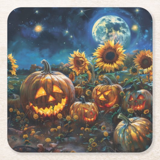 Herbstkulisse mit Jack-o''-Laternen und Sonnenblum Rechteckiger Pappuntersetzer (Vorderseite)