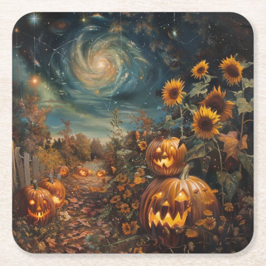 Herbstkulisse mit Jack-o''-Laternen und Sonnenblum Rechteckiger Pappuntersetzer (Vorderseite)