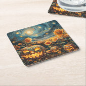 Herbstkulisse mit Jack-o''-Laternen und Sonnenblum Rechteckiger Pappuntersetzer (angewinkelt)