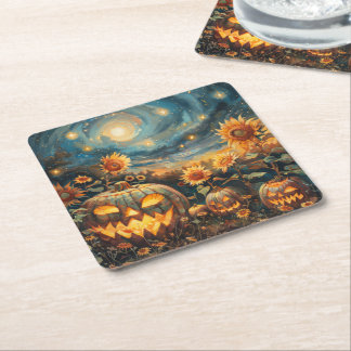 Herbstkulisse mit Jack-o''-Laternen und Sonnenblum Rechteckiger Pappuntersetzer