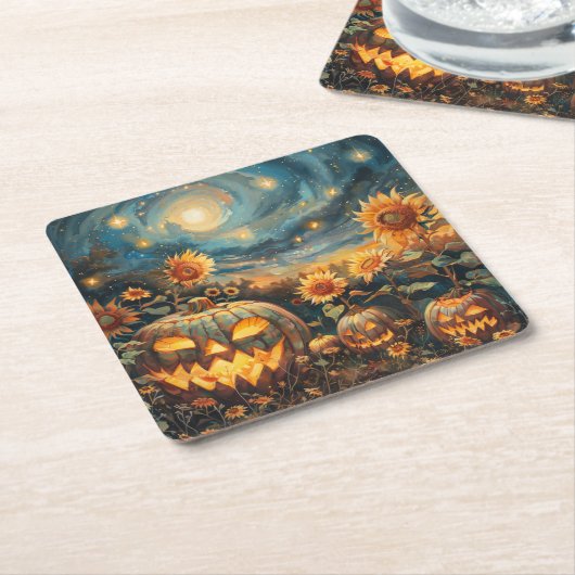 Herbstkulisse mit Jack-o''-Laternen und Sonnenblum Rechteckiger Pappuntersetzer (angewinkelt)