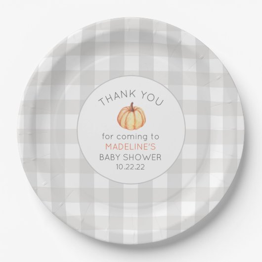 Herbstkürbis Babydusche, neutraler Gingham Pappteller (Vorderseite)