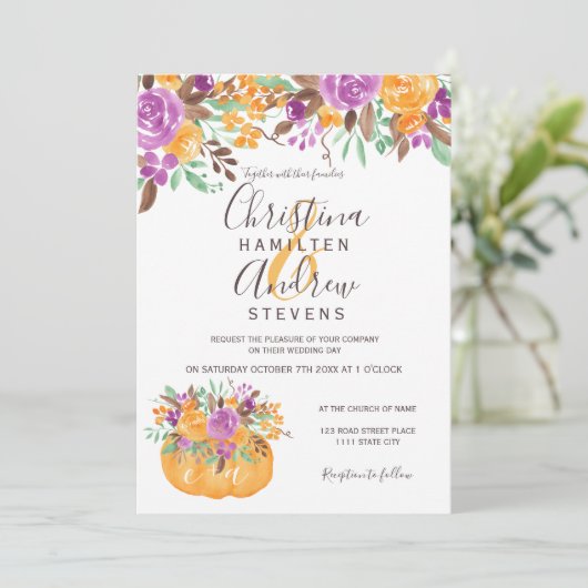 Herbstkürbis Blumenorange Foto Hochzeit Einladung (Stehend Vorderseite)