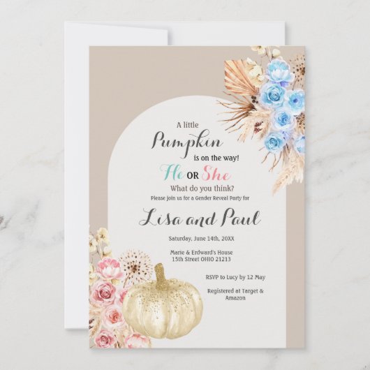 Herbstkürbis für Junge oder Mädchen: Gender-Berich Einladung (Vorderseite)