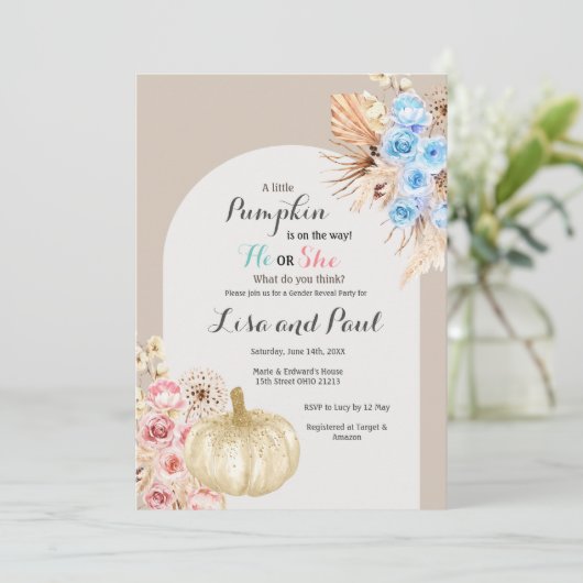 Herbstkürbis für Junge oder Mädchen: Gender-Berich Einladung (Stehend Vorderseite)