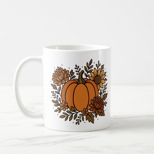 Herbstkürbis mit Sonnenblumen und Blume im Herbst Kaffeetasse (Links)