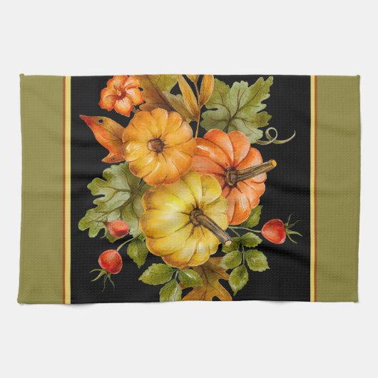 Herbstkürbis und Blätter aus Eiche Geschirrtuch (Horizontal)