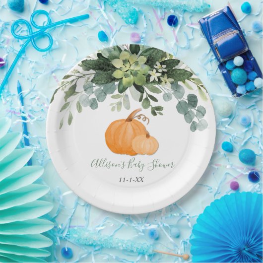 Herbstkürbis und grüne Eukalyptus-Babydusche Pappteller (Party)