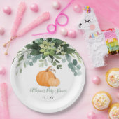 Herbstkürbis und grüne Eukalyptus-Babydusche Pappteller (Party)