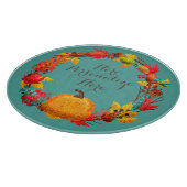 Herbstkürbis und Herbstblattkranz aquamarin orange Schneidebrett (Ecke)