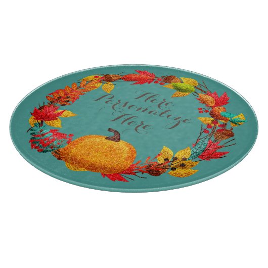Herbstkürbis und Herbstblattkranz aquamarin orange Schneidebrett (Ecke)