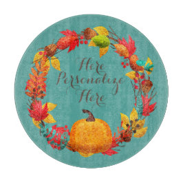 Herbstkürbis und Herbstblattkranz aquamarin orange Schneidebrett