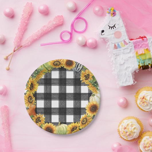 Herbstkürbis und Sonnenblume Buffalo Kariert Pappteller (Party)