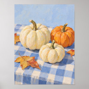 Herbstkürbisse auf blauem Gingham-Tischdeckenmuste Poster
