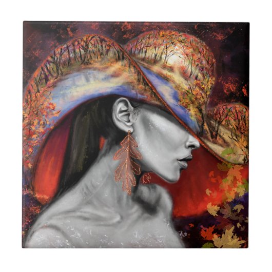 Herbstlady Keramik Tile - Malerei Fliese (Vorderseite)
