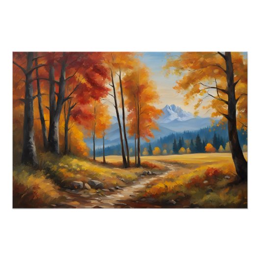 Herbstlandschaft mit Orangen Bäumen und Bergen Poster (Vorderseite)