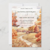 Herbstlandschaft Waldweg Blätter fallen Hochzeit Save The Date (Vorderseite)