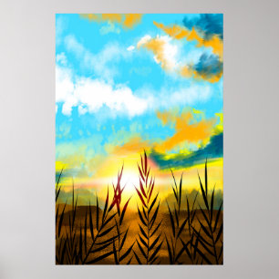 Herbstlandschaft Weizenfeld Sonnenuntergang Poster