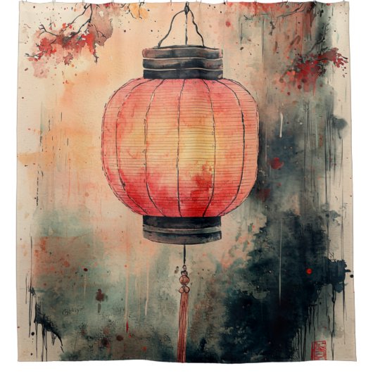 Herbstlaterne Sumi-E Aquarell Duschvorhang (Vorderseite)