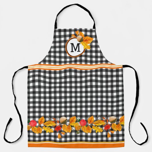 Herbstlaub auf schwarzem Gingham-Monogramm Schürze (Vorderseite)