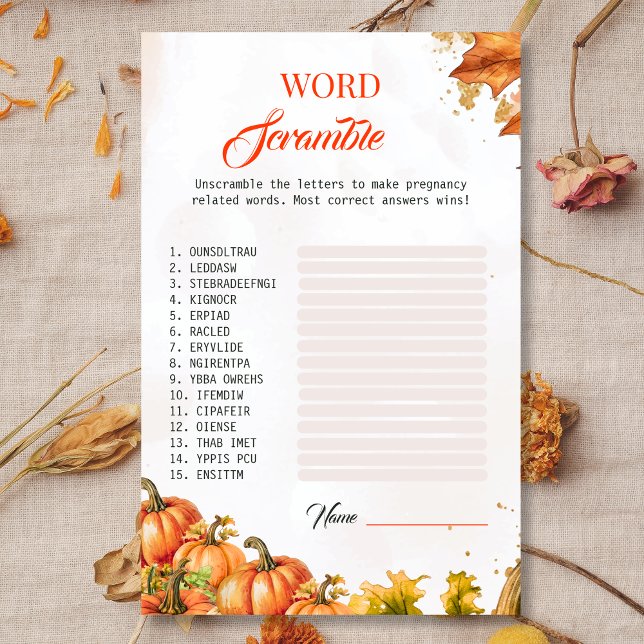 Herbstlaub Baby Showroom Word Scramble Game Card (Von Creator hochgeladen)