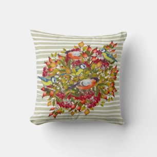 Herbstlaub Beeren und Vögel Shabby Streifen Kissen