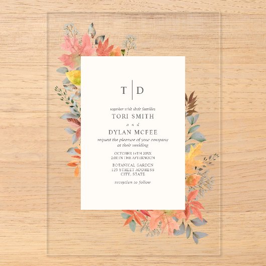 Herbstlaub Blätter Herbst Monogramm Hochzeit Acryleinladungen (Vorderseite)