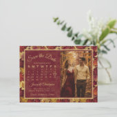 Herbstlaub Burgunder Kalender & Foto Hochzeit Save The Date (Stehend Vorderseite)
