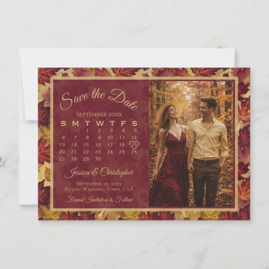 Herbstlaub Burgunder Kalender & Foto Hochzeit Save The Date (Vorderseite)