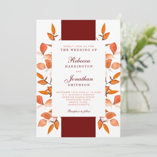Herbstlaub Burnt Orange Hochzeitseinladung Einladung (Stehend Vorderseite)