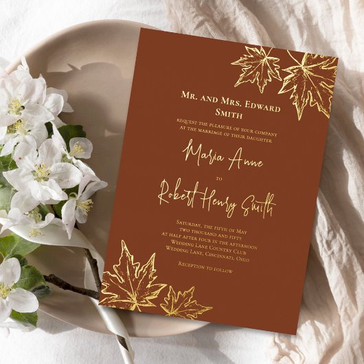 Herbstlaub Elegant Wedding Custom Gold Folieneinladung