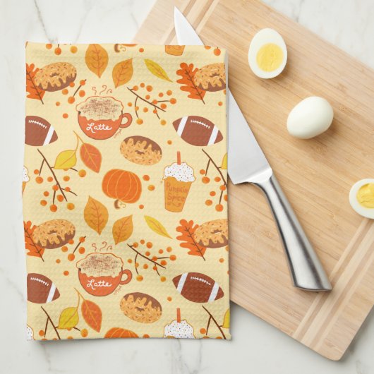 Herbstlaub Football und Pumpkin Gewürzmuster Geschirrtuch (Viertel Falte)