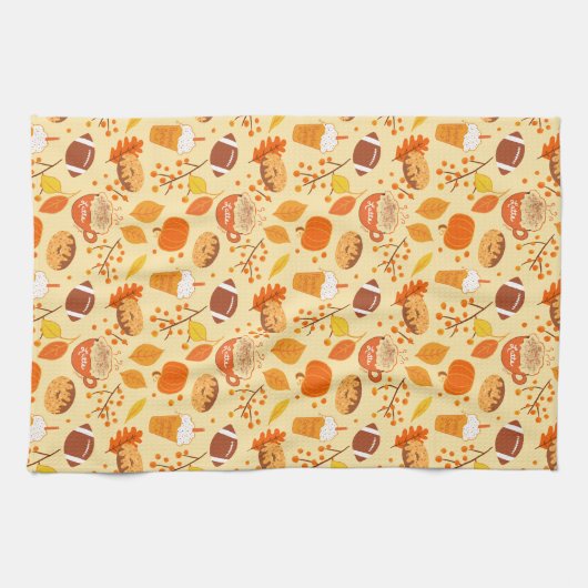 Herbstlaub Football und Pumpkin Gewürzmuster Geschirrtuch (Horizontal)
