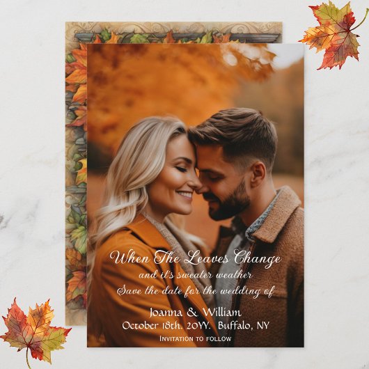 Herbstlaub Foto Hochzeit speichern das Datum Save The Date