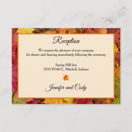 Herbstlaub Herbstfarben Hochzeitsempfang Begleitkarte (Vorderseite)