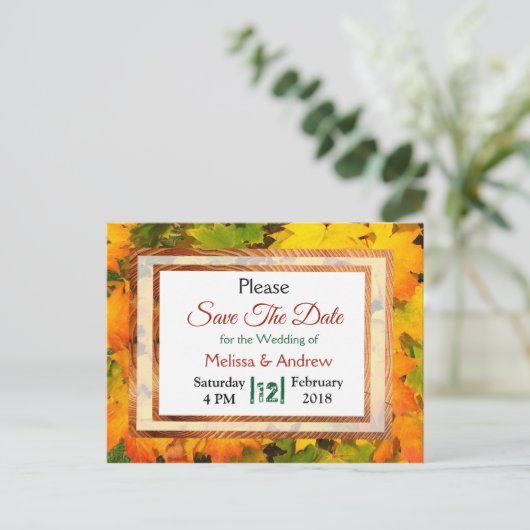 Herbstlaub Herbsthochzeit speichern das Datum Ankündigungspostkarte (Stehend Vorderseite)